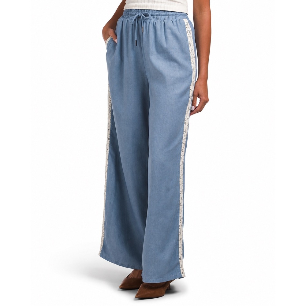 Caroline Constas Wide Leg Pants Blue Cream Lace Trim Linen Blend Drawstring XS